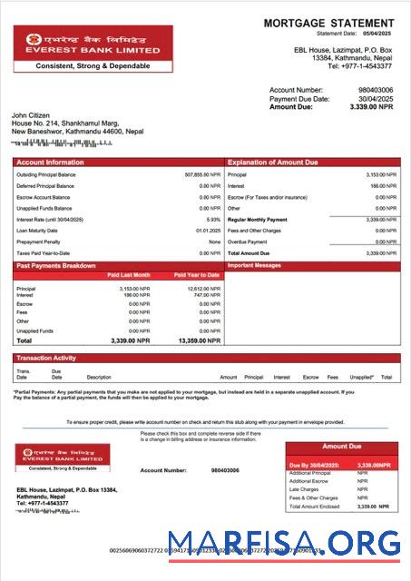 Blank Nepal Everest Bank mortgage statement Word and PDF template